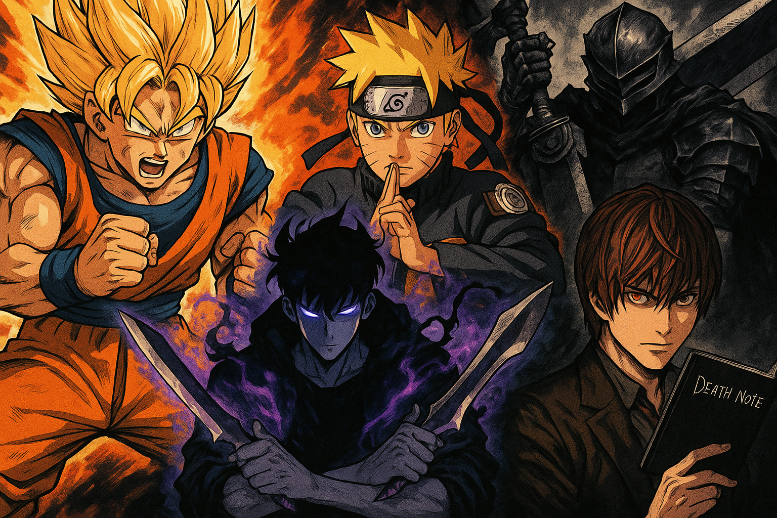 anime dragon ball, naruto, solo leveling, berserk, death note